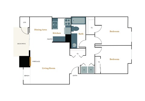 Floor plan for 2 beds, 1 bath, 808 sqft